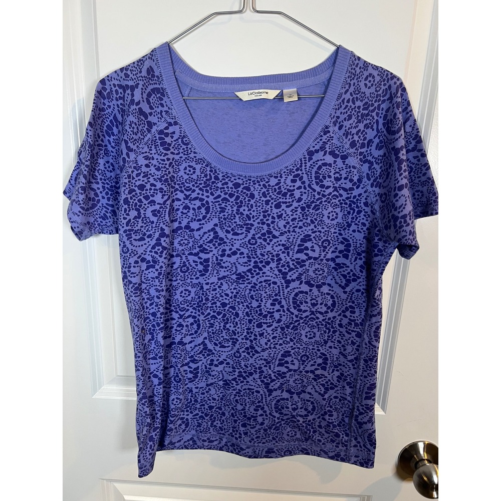 Liz Claiborne Womens Short Sleeve Top‎ Lace Print Purple Size M